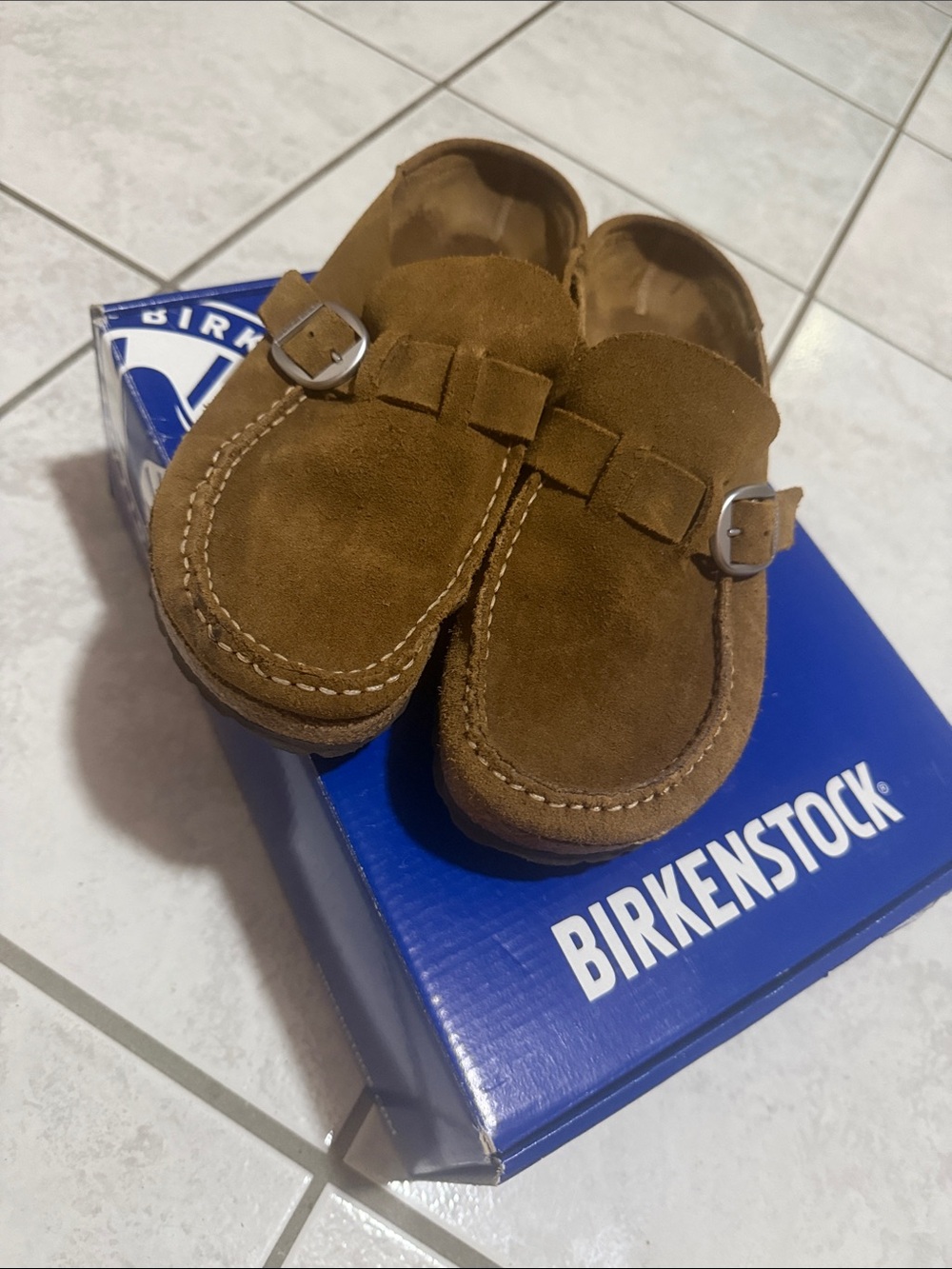 Birkenstock Brown Suede Clog Mules with Buckle Detail